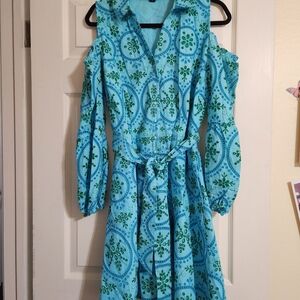 Boston Proper Turquoise and Green Cold Shoulder Dress  L